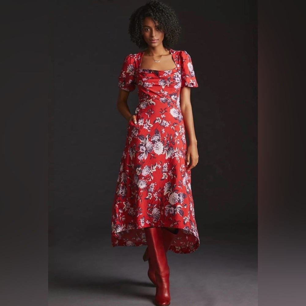 Anthropologie Maeve Women’s Floral Puff Sleeve Maxi High Low Dress Red Small 4
